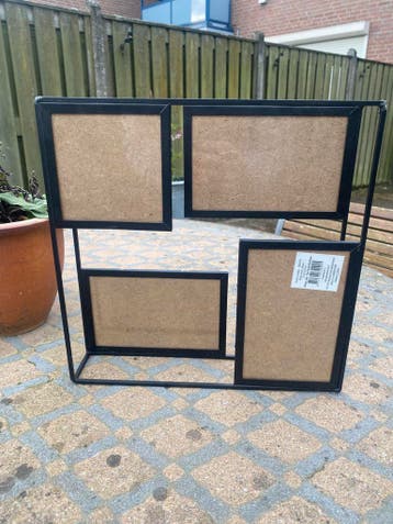 Collage fotolijst voor 4 foto’s, zwart metaal en glas