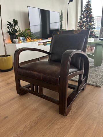 Vintage Fauteuil van Hout en Leer - Uniek Design