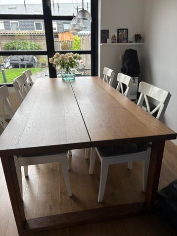 Gratis Eettafel  220 x 90 cm + 6 witte eettafel stoelen