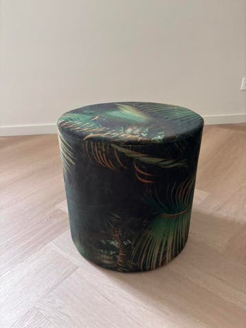 Groene velvet poef met jungle print 40x40