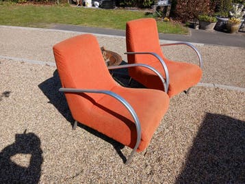 2 Vintage Oranje Fauteuils met Aluminium Frame