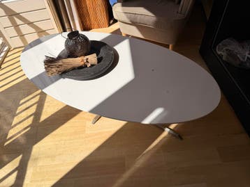 Ovale witte glazen tafel met ijzeren poot