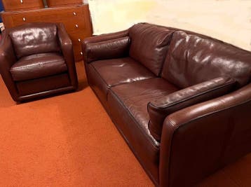 Leren 2-zitsbank en fauteuil - Donkerbruin