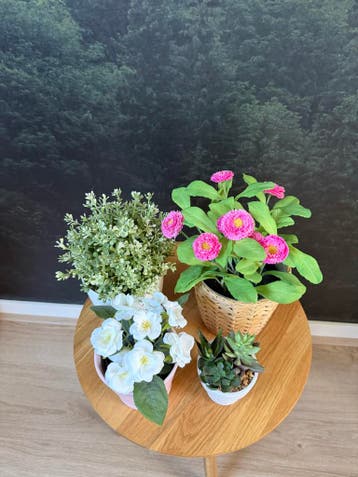 Vier diverse kunstbloemen met potjes - Gratis af te halen