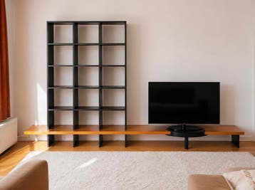 Wandmeubel/tv-meubel met open vakkenkast – zwart/hout