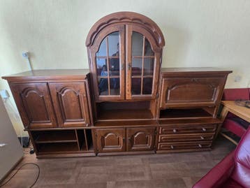 Grats Vintage Eikenhouten Wandmeubel met Vitrine en Lades