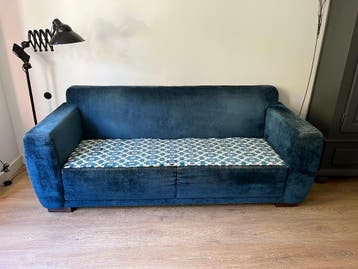 Driezitsbank, petrolkleurige stoffering, opknapper