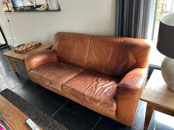 Molinari Leren bank en fauteuil set - Vintage cognac