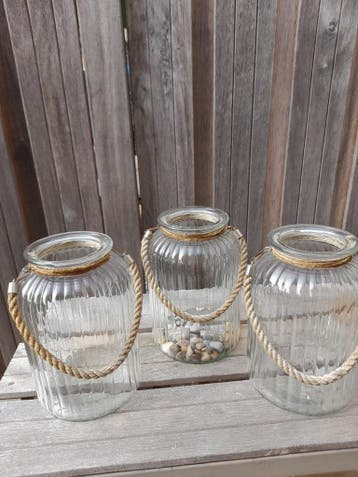 Set van 3 glazen windlichten met touw handvat
