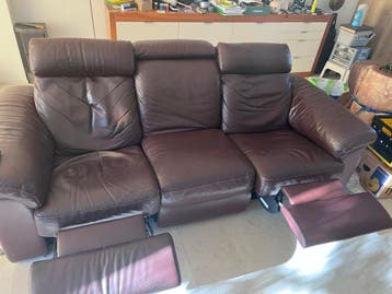 3-zits bank bruin leer met voetensteun en verstelbare hoofds