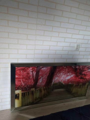 Schilderij met roze bomen en spiegelrand