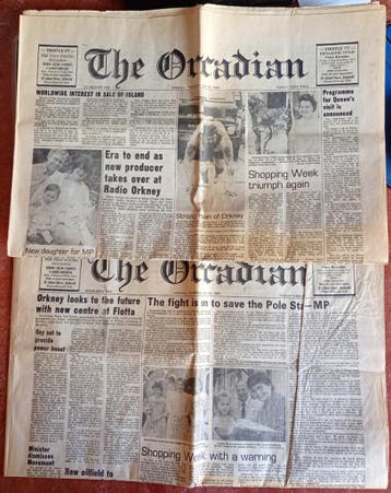 2 nummers van the Orcadian, de krant van Orkney 1987