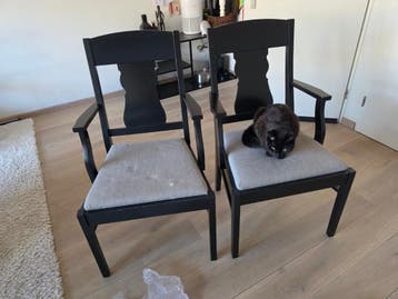 Twee zwarte houten stoelen met stoffen zitting