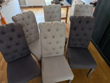 Set van 6 gebruikte eetkamerstoelen in stof