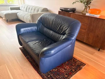 GRATIS- Blauwe leren tweezitsbank - 1.5m breed