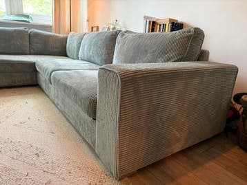 Blauwgrijze hoekbank ribstof met chaise longue 3 meter breed