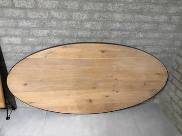 Eiken multiplank tafelblad met stalen rand 204x100cm