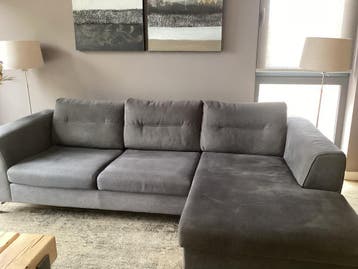 Antraciet stoffen bank met chaise longue - 3 zitplaatsen