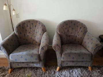 Twee fauteuils, stof bruin/blauw