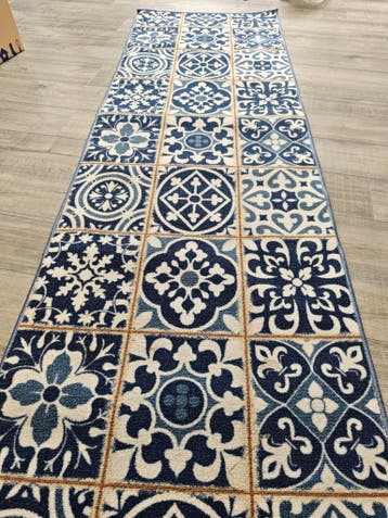 Lang vloerkleed / loper 250x80 cm blauw-wit patroon