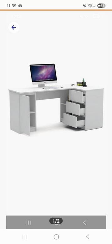 Wit hoekbureau met ladeblok en open vak - 155x48 cm