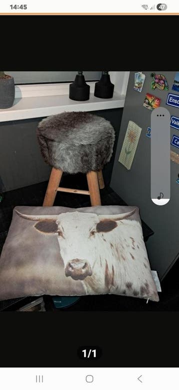 Kan ook buiten Decoratieve kruk en kussen met koeienprint