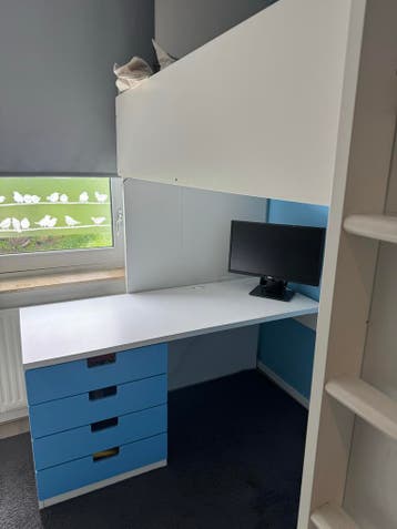 GRATIS Hoogslaper met bureau, kast en lades - Wit/Blauw