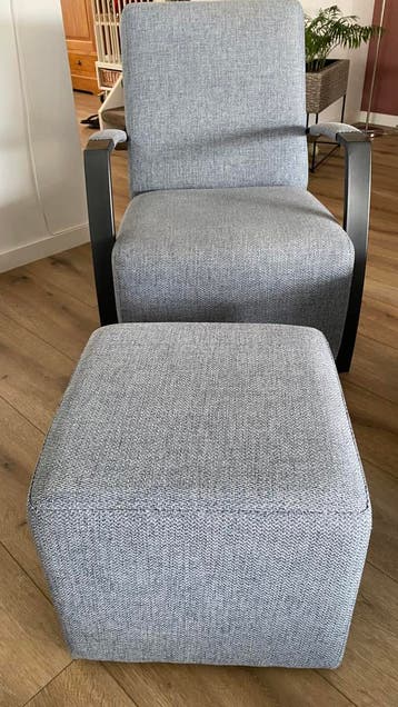 Hoekbank met fauteuil en poef, blauw gemêleerd