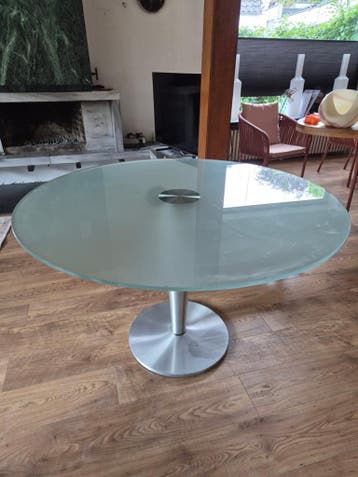 Moderne Ronde Tafel met Glazen Blad en RVS Poot