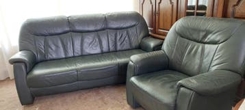 Groene leren bank met 2 fauteuils