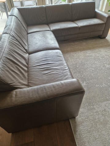 Grote bruine leren hoekbank - 270x240 cm (gebruikt)