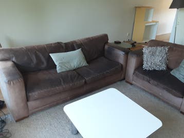 Gebruikte driezitsbank met loveseat en karpet