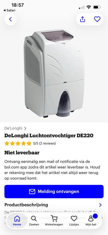 Delonghi DE 220 luchtontvochtiger. Ophalen 5 juni 10 uur