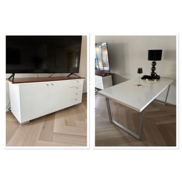 TV meubel wit en witte eettafel. GRATIS