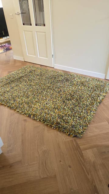 Hoogpolig wollen vloerkleed 140x200 cm groen/beige/grijs