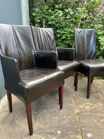 Set van 4 donkerbruine leren eetkamerstoelen