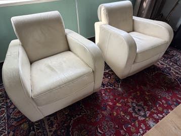 Set van twee lederen fauteuils, creme, nu gratis afhalen