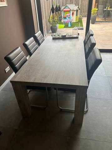 Eettafel met 6 leren stoelen (gebruikt)