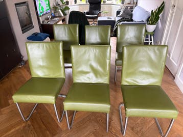 Set van 6 groene eetkamerstoelen (leder)