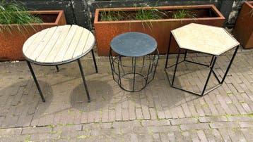 Set van 3 bijzettafels: rond, ovaal en zeshoekig