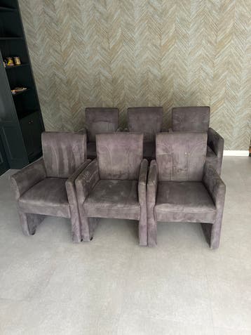 Set van 6 vintage eetkamerstoelen, grijs stof