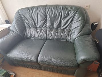 Donkergroen leren 2-zits bankstel met 2 fauteuils