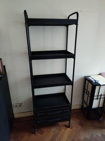 Zwart metalen rek met lades en wielen - 60x40x175cm