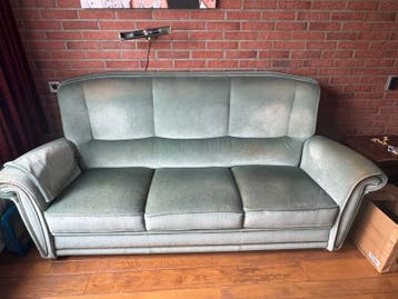 GRATIS Vintage 3-zitsbank en fauteuil - Groen stof