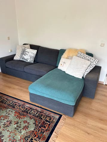 Gratis! IKEA Hoekbank met chaise longue - Donkergrijs/Turqu