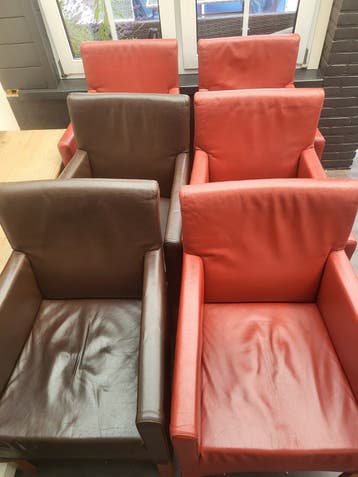Set van 6 leren fauteuils - rood en bruin