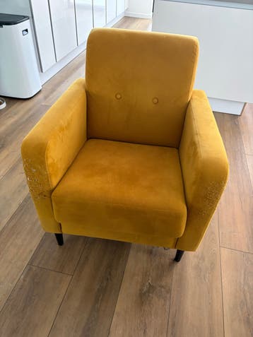 Gebruikte oker gele velvet fauteuil hipp met kattensporen