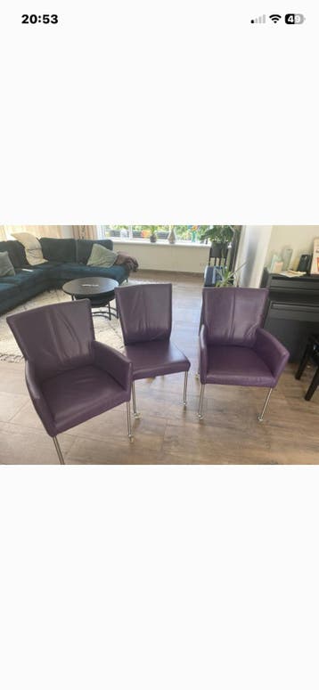 Set van 3 paarse eetkamerstoelen met metalen poten