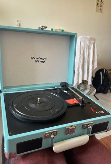 Vintage Vinyl platenspeler, lichtblauw koffer-stijl