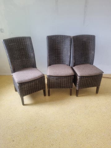 Set van 3 rotan eetkamerstoelen met kussens